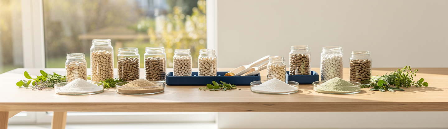 Jars of capsules and tablets, ingredient powders and fresh herbs on a long wooden table