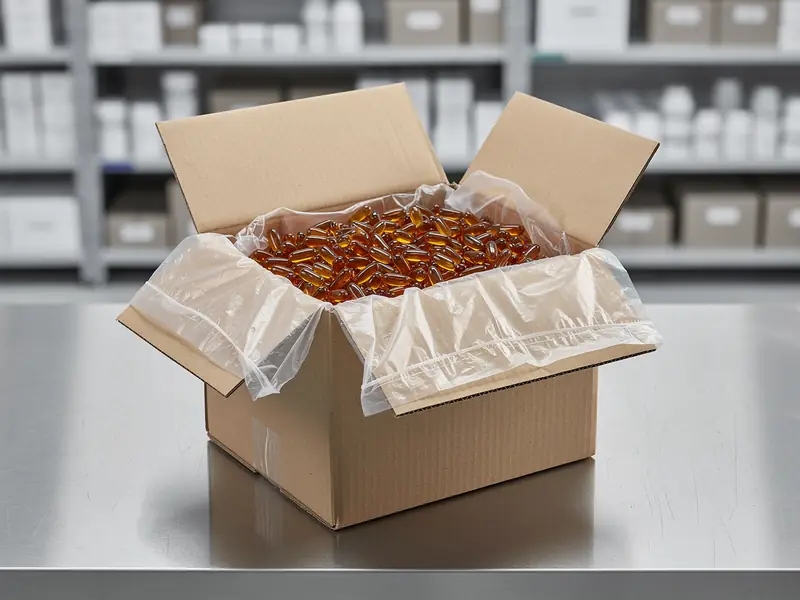 Softgels in bulk in a lined cardboard carton