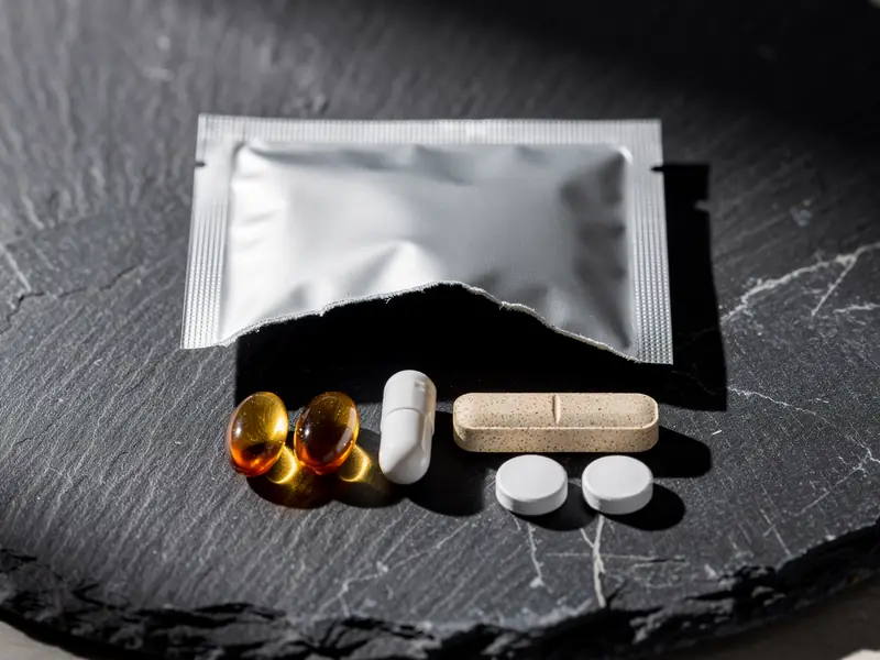 An open foil sachet with softgels, a capsule and tablets laid out in front of it