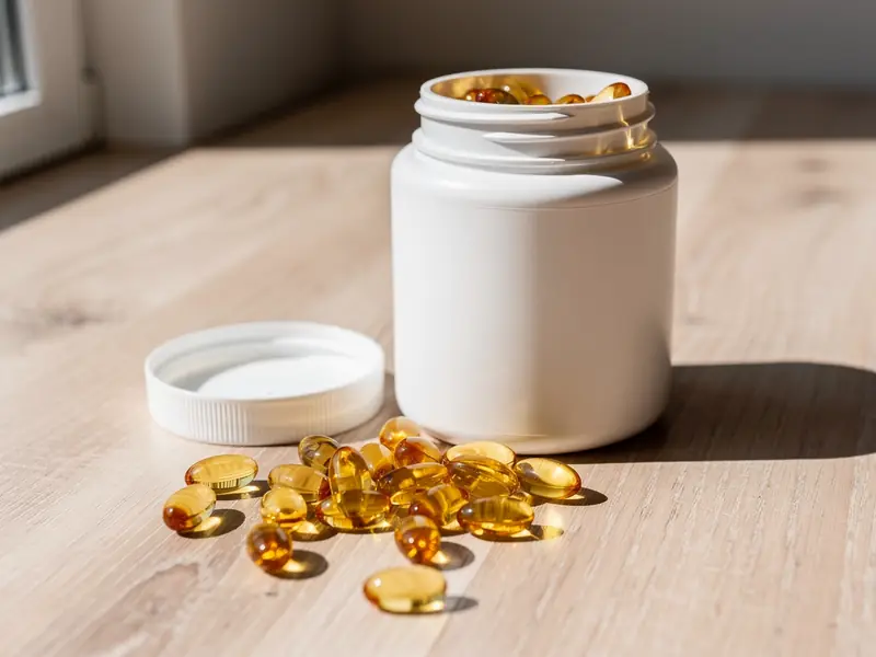 Amber softgels spilling from an open white supplement jar