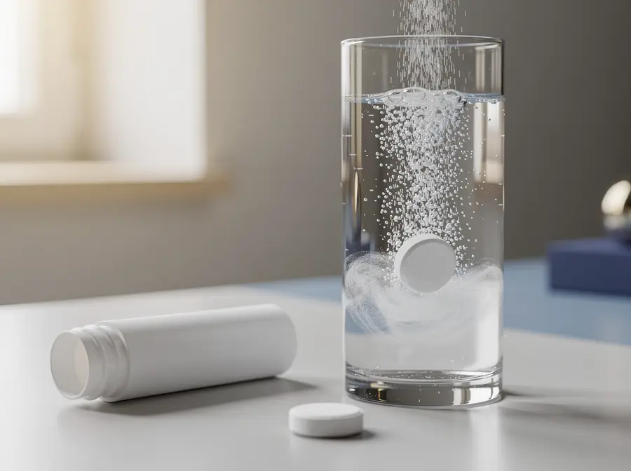 Effervescent tablet dissolving in a glass of water beside an unlabelled tube