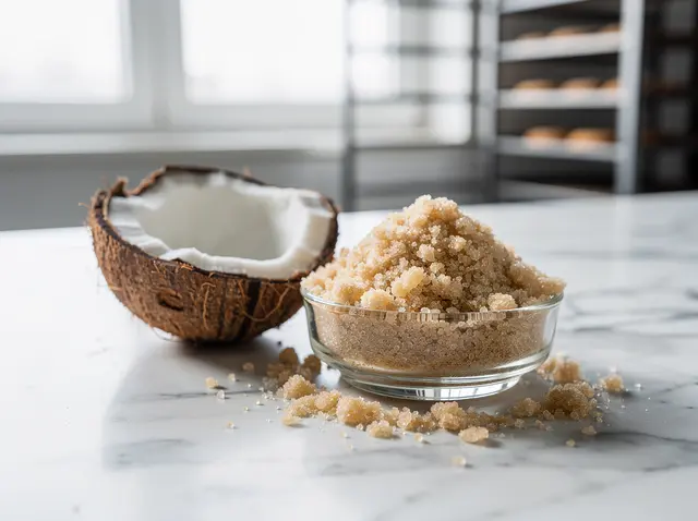 Coconut blossom sugar in a glass dish beside a halved coconut