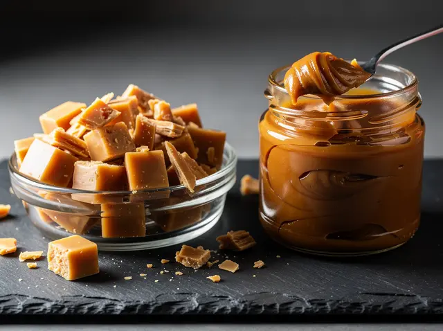 Toffee pieces in a glass dish and toffee paste in a jar