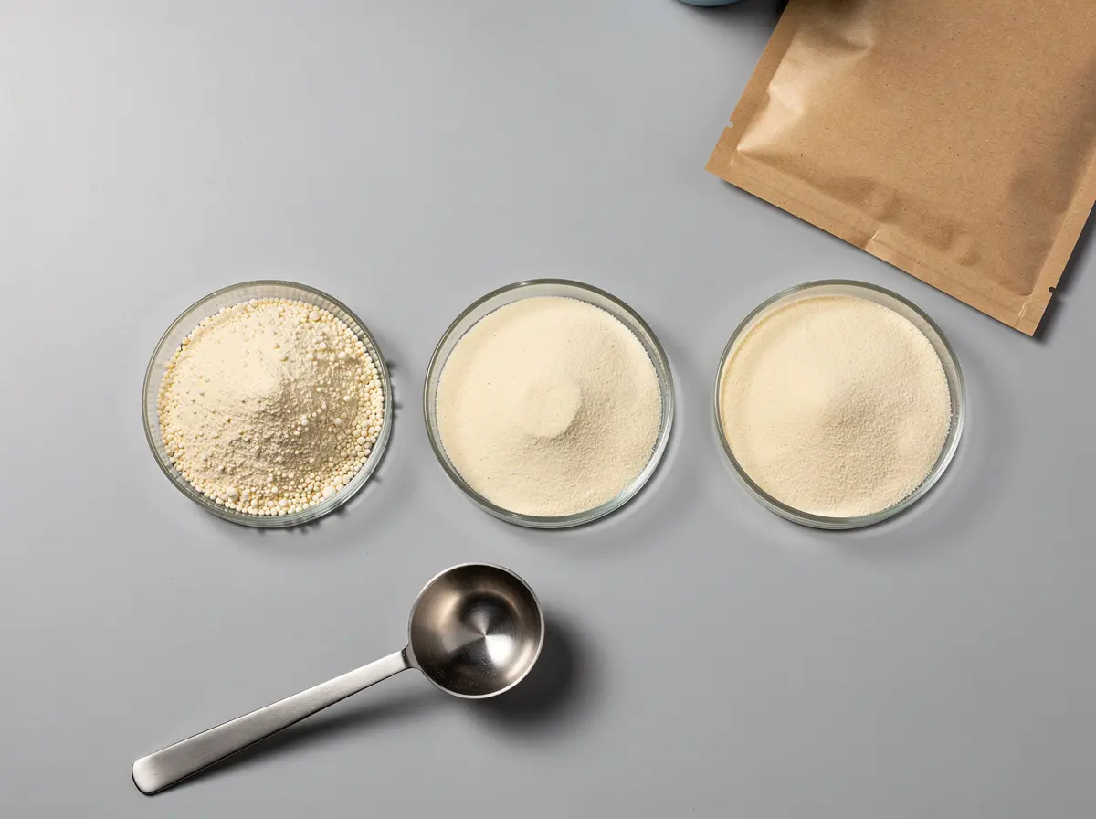 Pale vitamin E powders in three glass petri dishes with a sampling scoop
