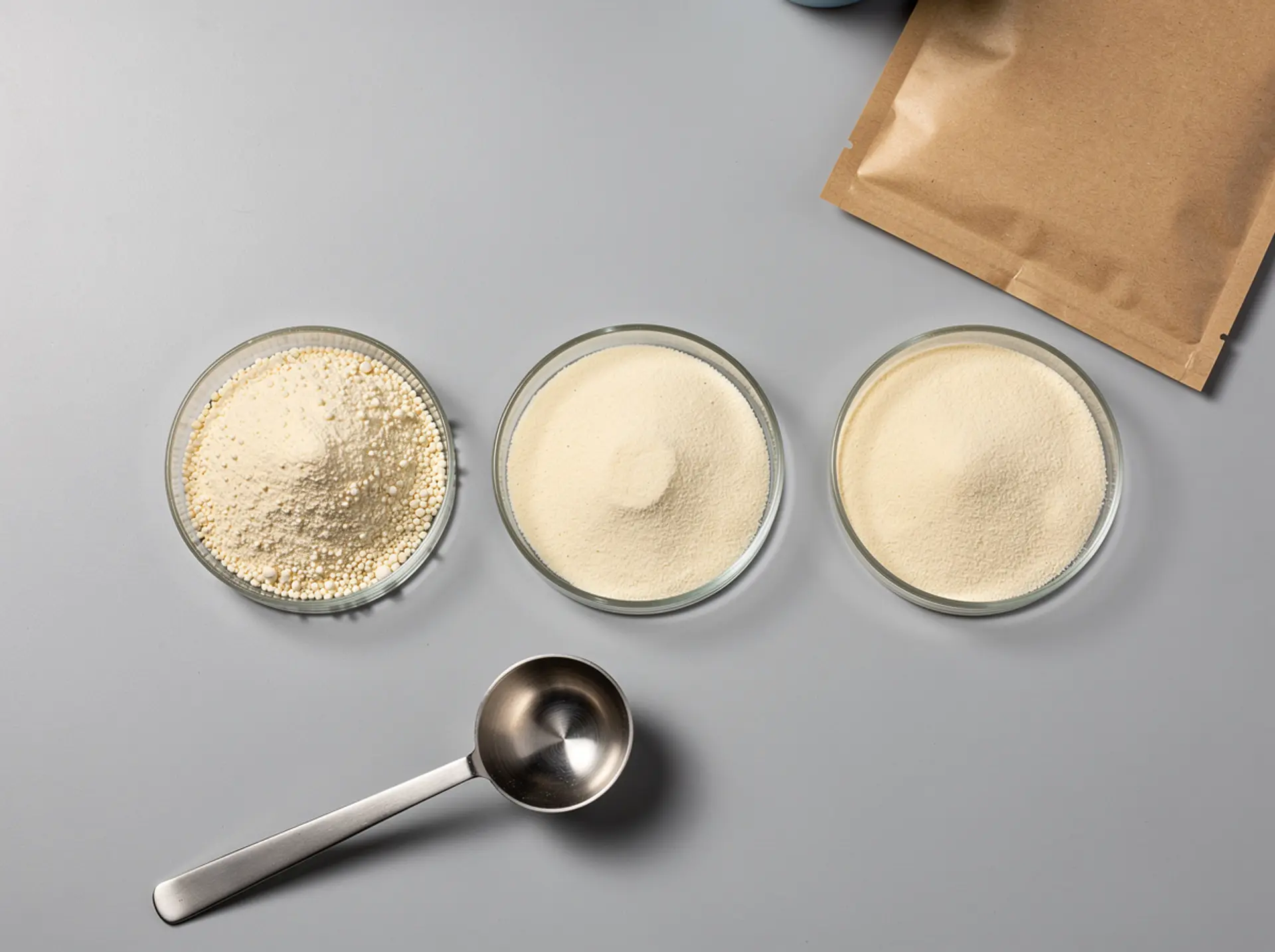 Pale vitamin E powders in three glass petri dishes with a sampling scoop