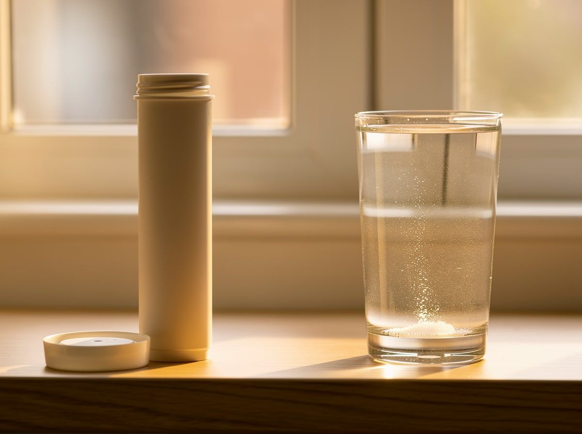 Effervescent tube with its cap off on a light oak windowsill beside a glass with a tablet dissolving