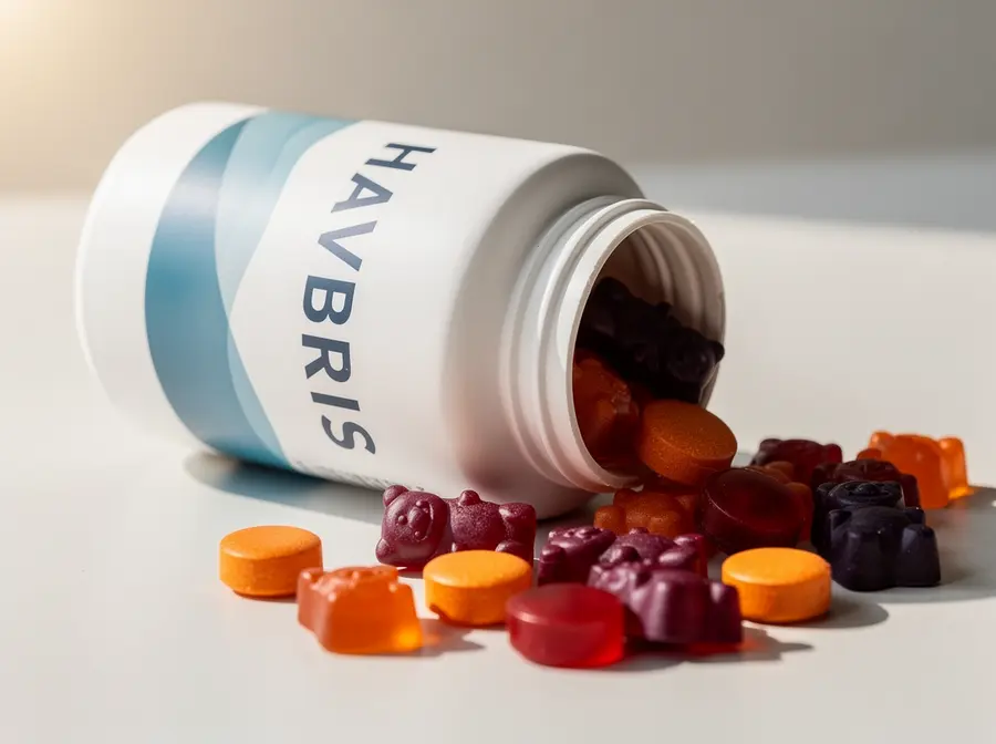 Assorted supplement gummies spilling from a branded can
