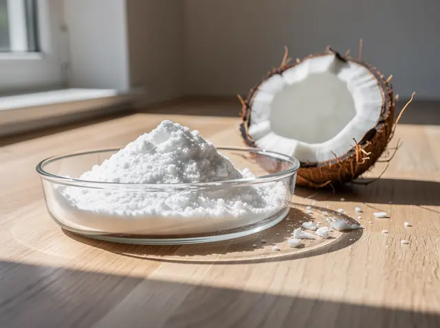 White coconut powder in a glass dish beside a halved coconut
