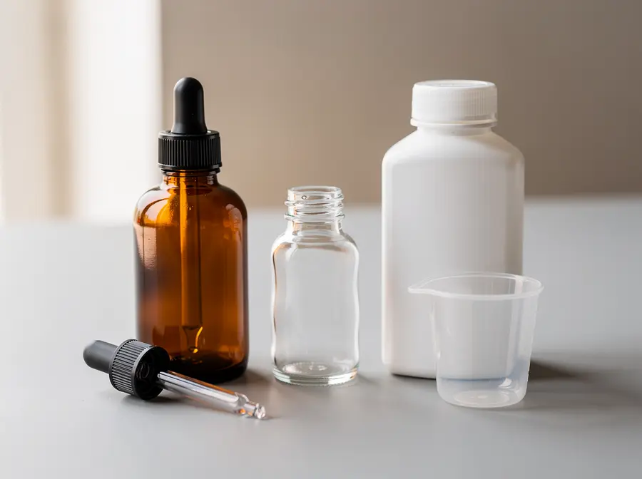 Unlabelled dropper bottle, shot bottle and syrup bottle for liquid supplements