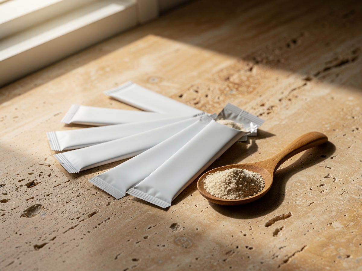 White stick packs on travertine, one open with fine powder on a wooden spoon