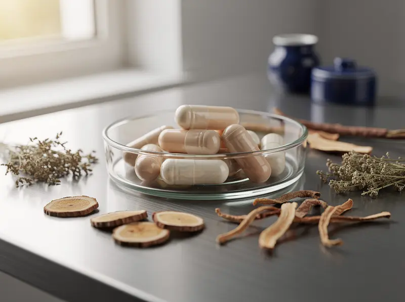 Capsules with dried herbs and root slices