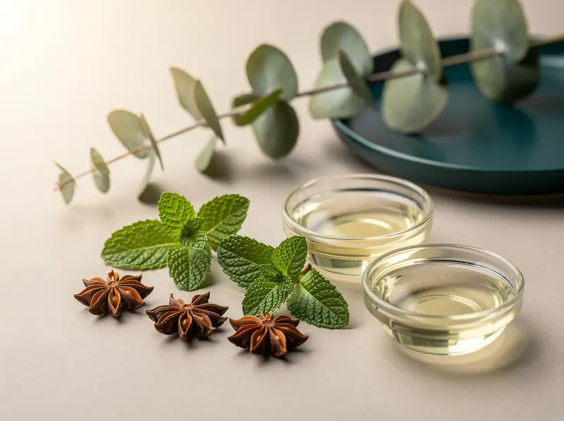 Star anise, mint and eucalyptus leaves beside dishes of essential oil