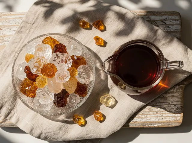 Clear and amber candy sugar crystals and a jug of candy syrup