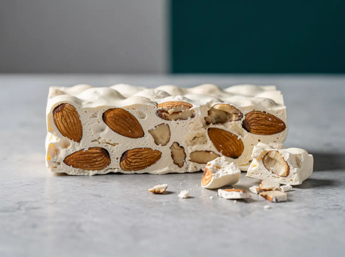 A broken slab of white almond nougat on a light grey stone surface