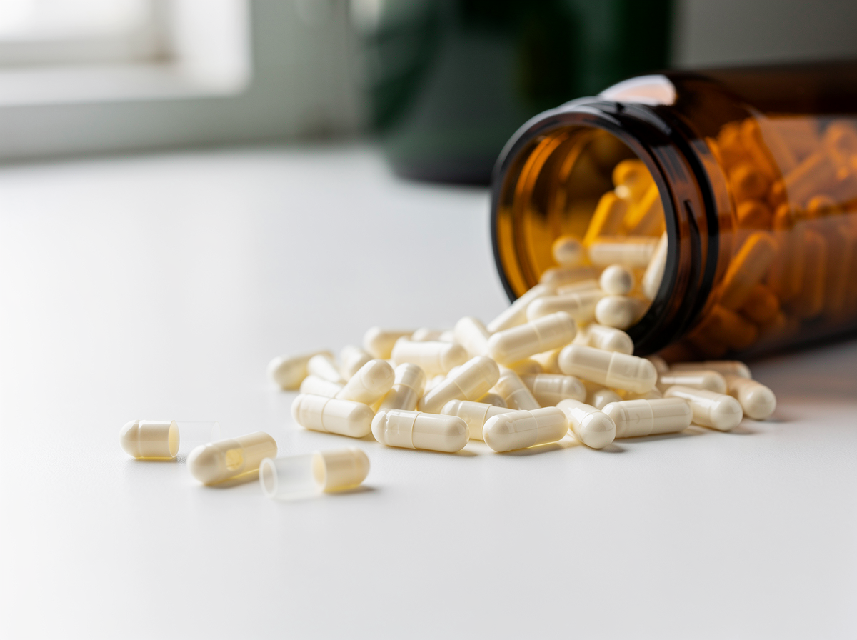Empty ivory-white two-piece acid-resistant HPMC hard capsules spilling from a tilted amber glass jar