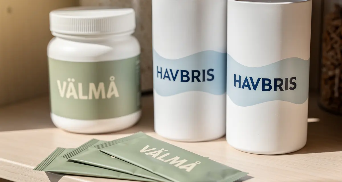 Consumer-ready supplement jars and sachets in a pantry setting