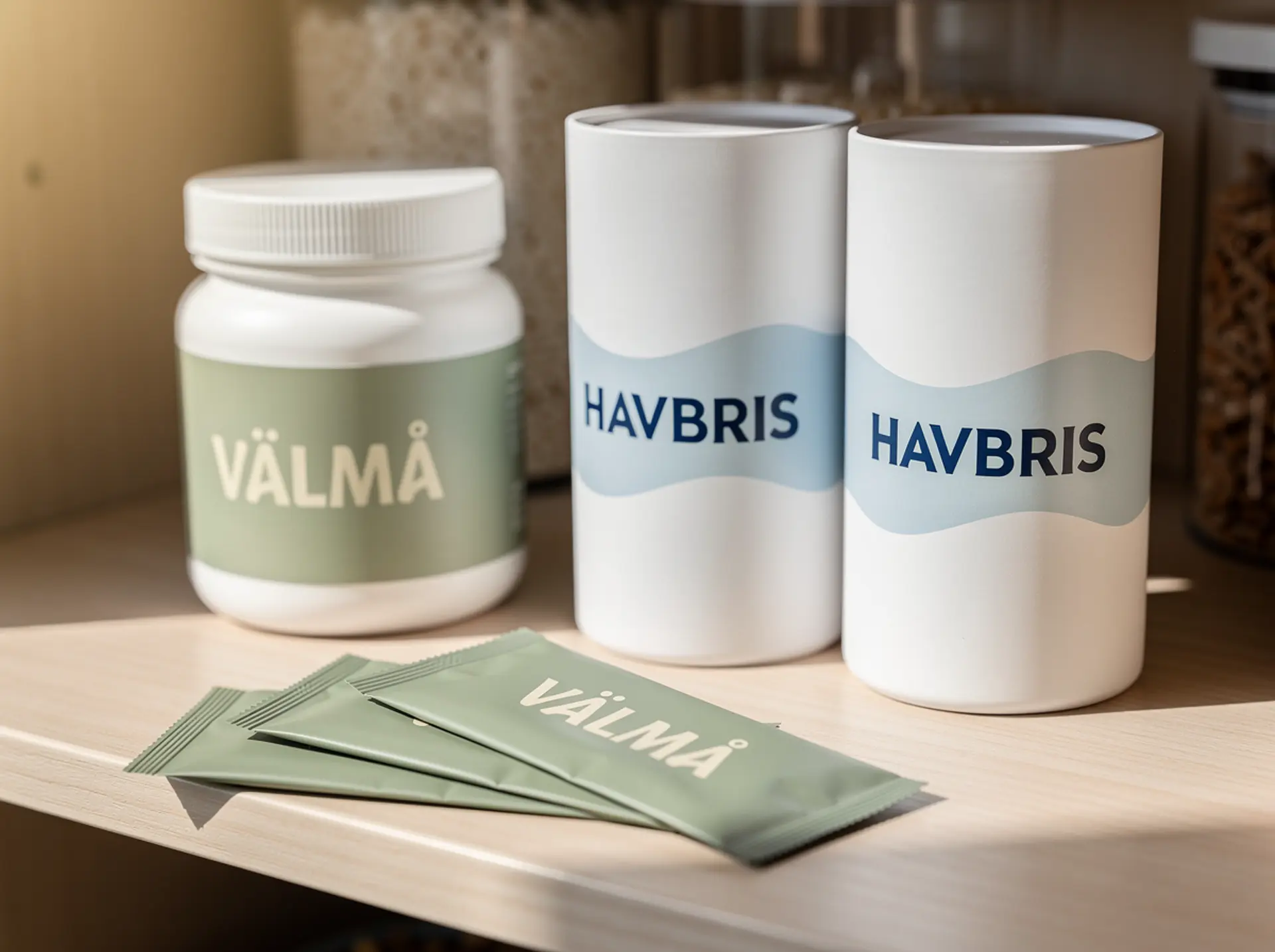 Consumer-ready supplement jars and sachets in a pantry setting