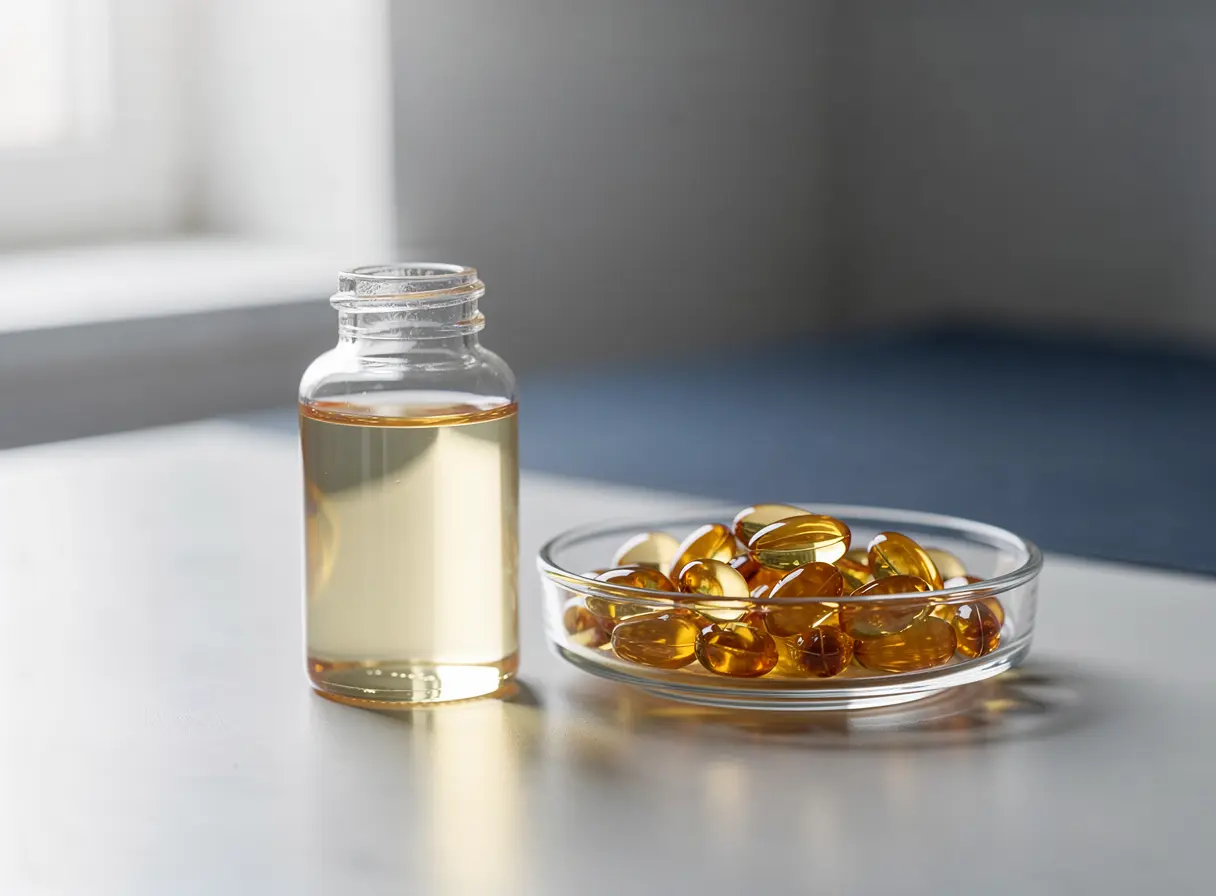 Pale marine oil in a glass bottle beside amber softgel capsules