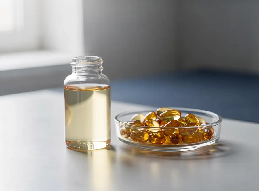 Pale marine oil in a glass bottle beside amber softgel capsules