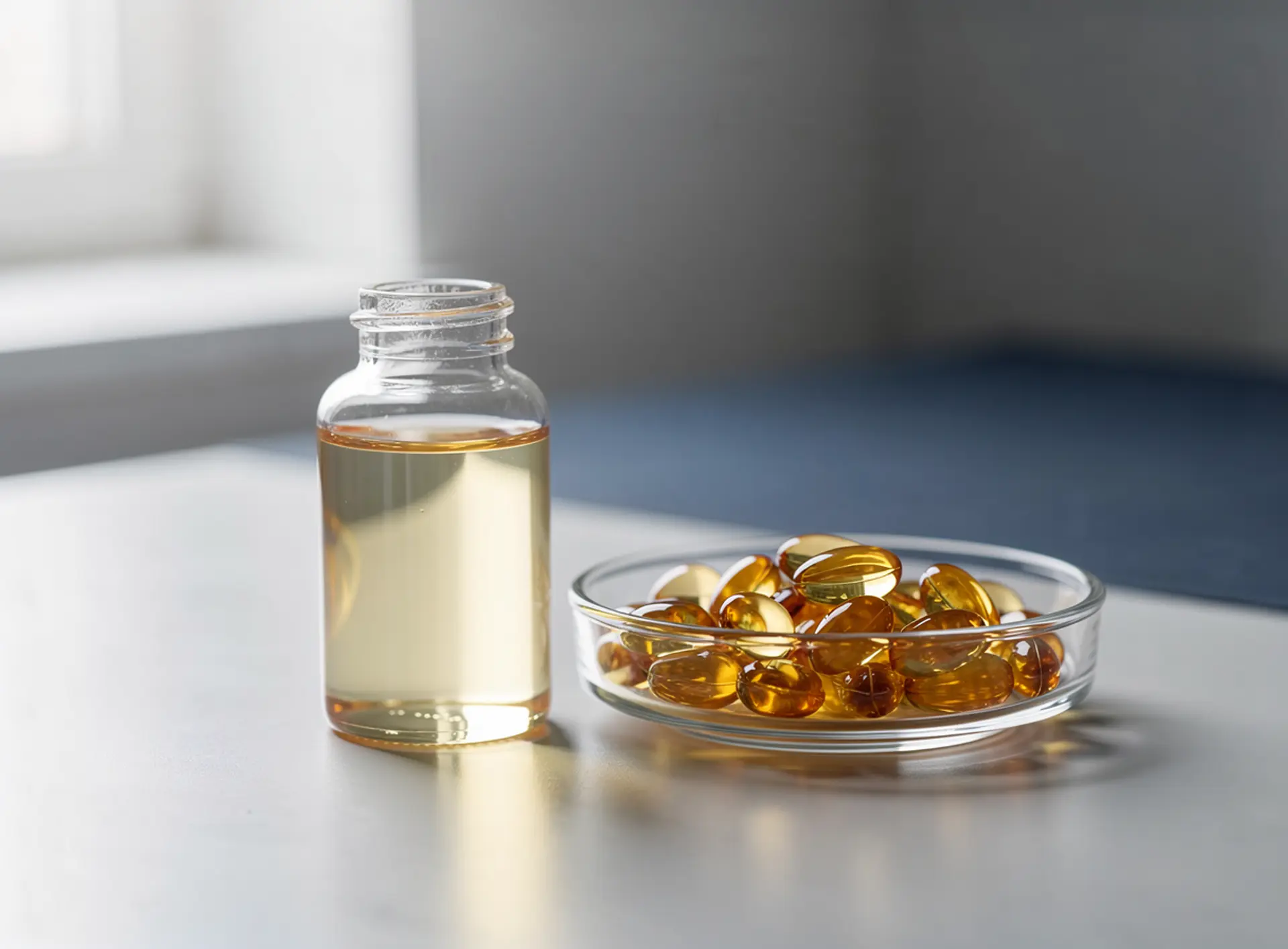 Pale marine oil in a glass bottle beside amber softgel capsules