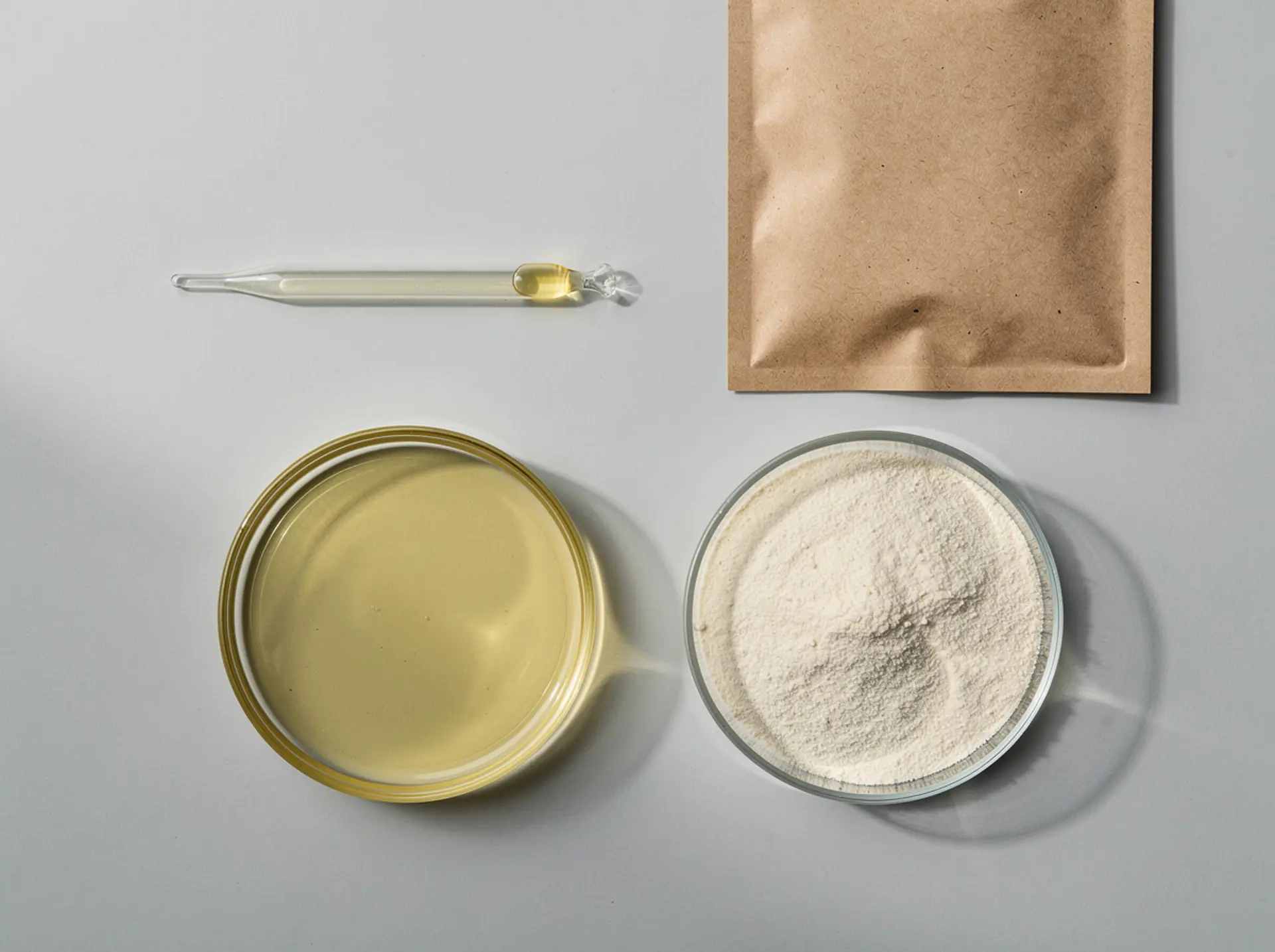 Pale-yellow algal oil and off-white algal DHA powder in glass petri dishes with a pipette