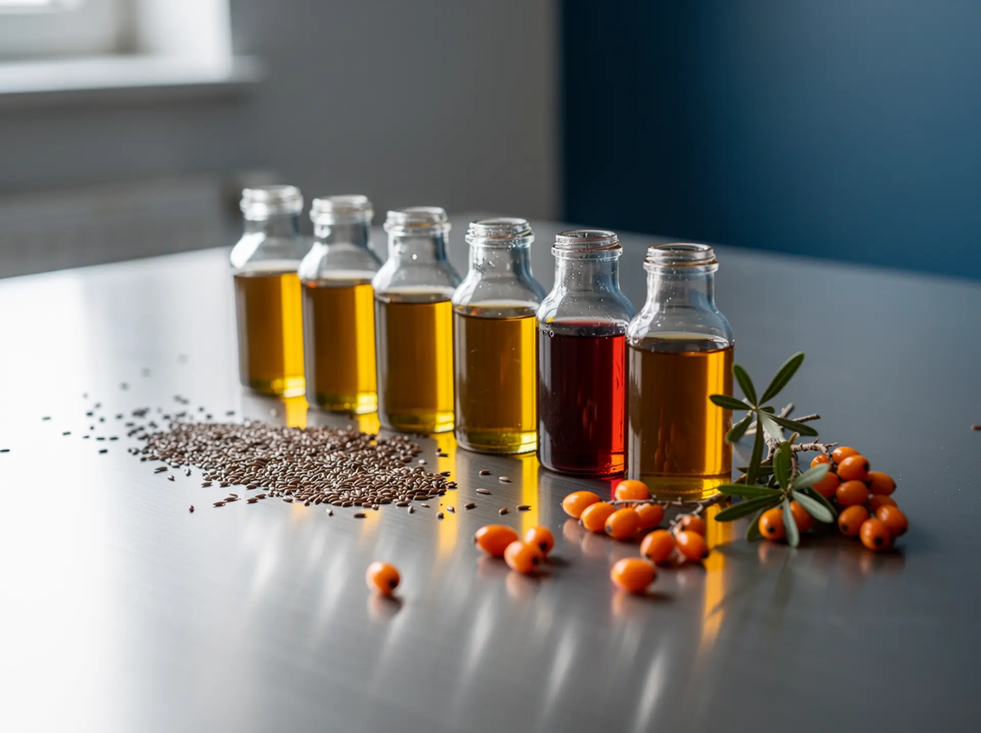 Specialty vegetable oils in glass bottles