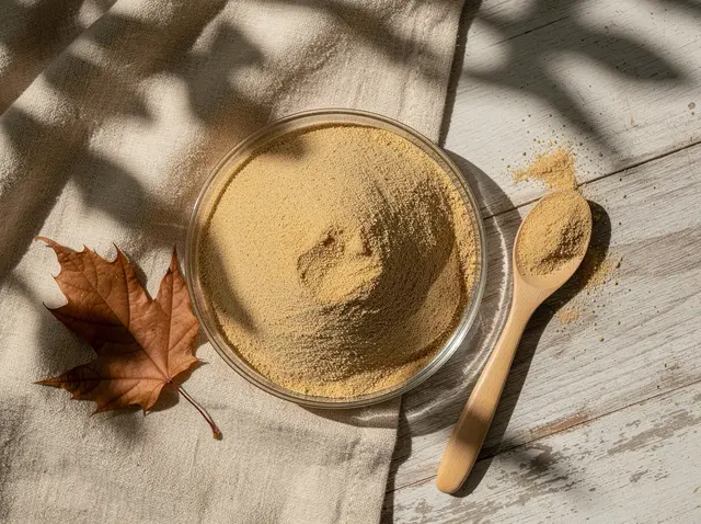 Maple sugar in a glass dish with a wooden spoon and a maple leaf