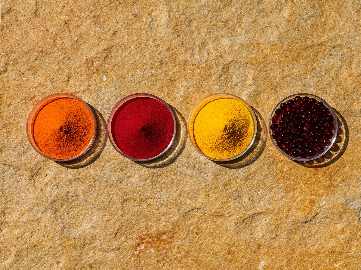 Carotenoid powders in orange, red and yellow shades