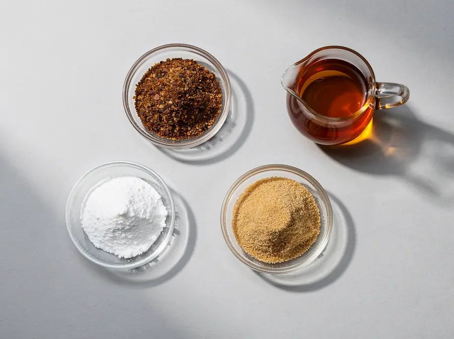 Coconut blossom sugar, coconut powder, maple sugar and a jug of maple syrup in glass dishes