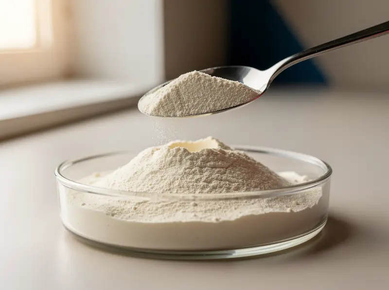 Milk protein powder lifted with a scoop