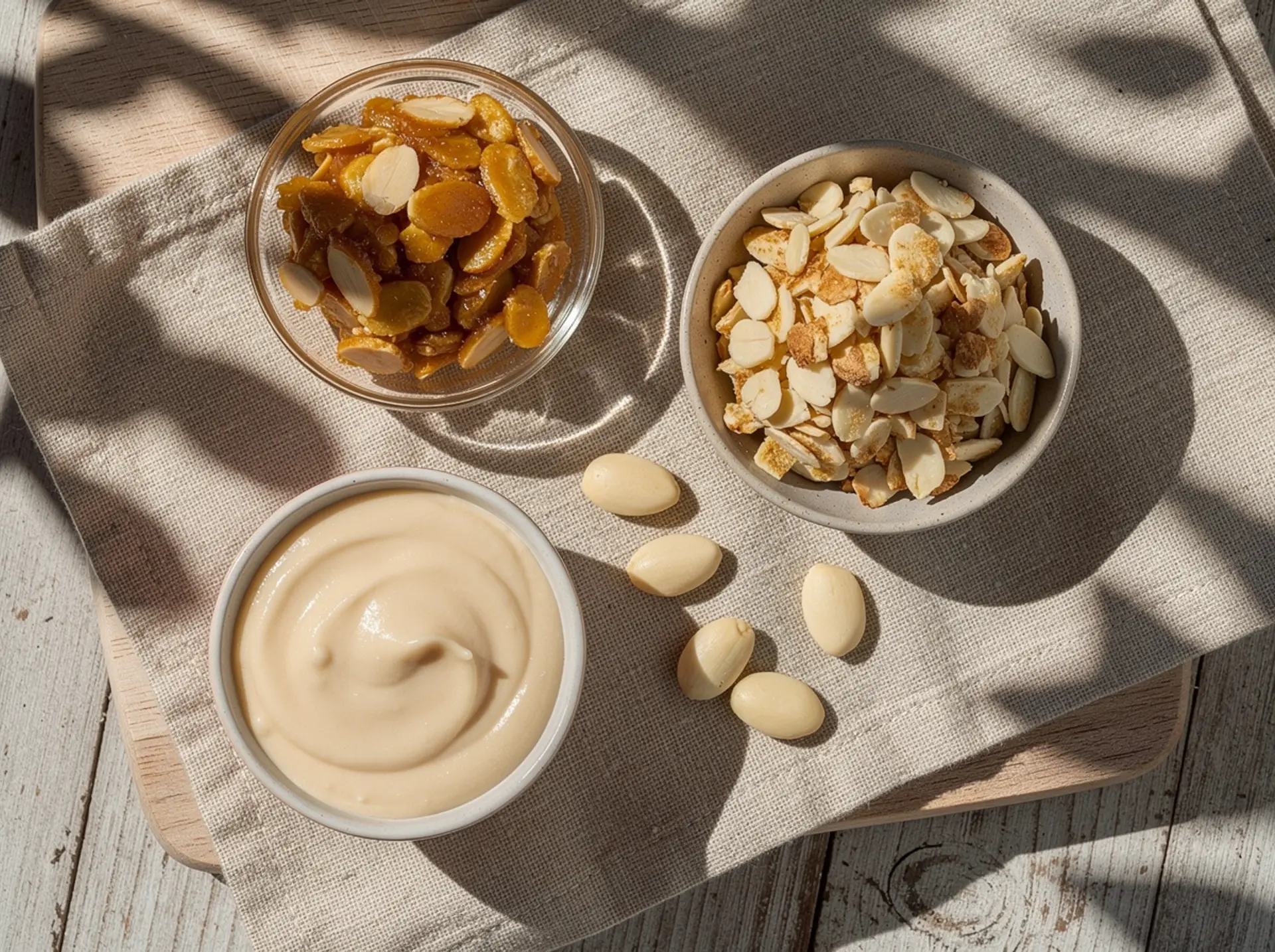 Caramelised and roasted almonds, whole blanched almonds and almond purée