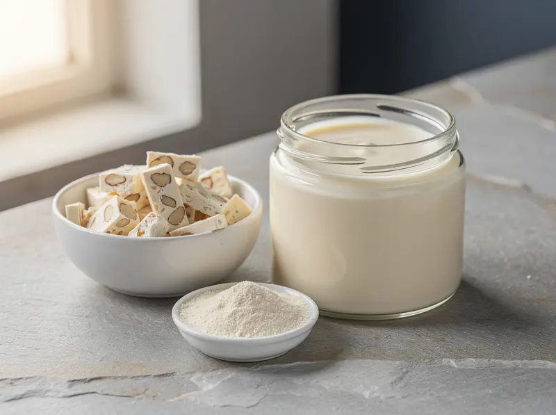 A jar of pale nougat cream beside a bowl of white nougat pieces and a dish of nougat powder