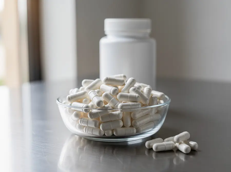 White two-piece hard capsules in a glass bowl