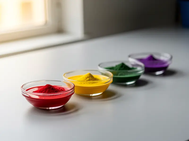 Red, yellow, green and purple colour powders in glass bowls