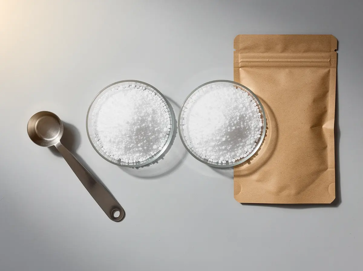 Calcium granulate in glass petri dishes with a sampling scoop
