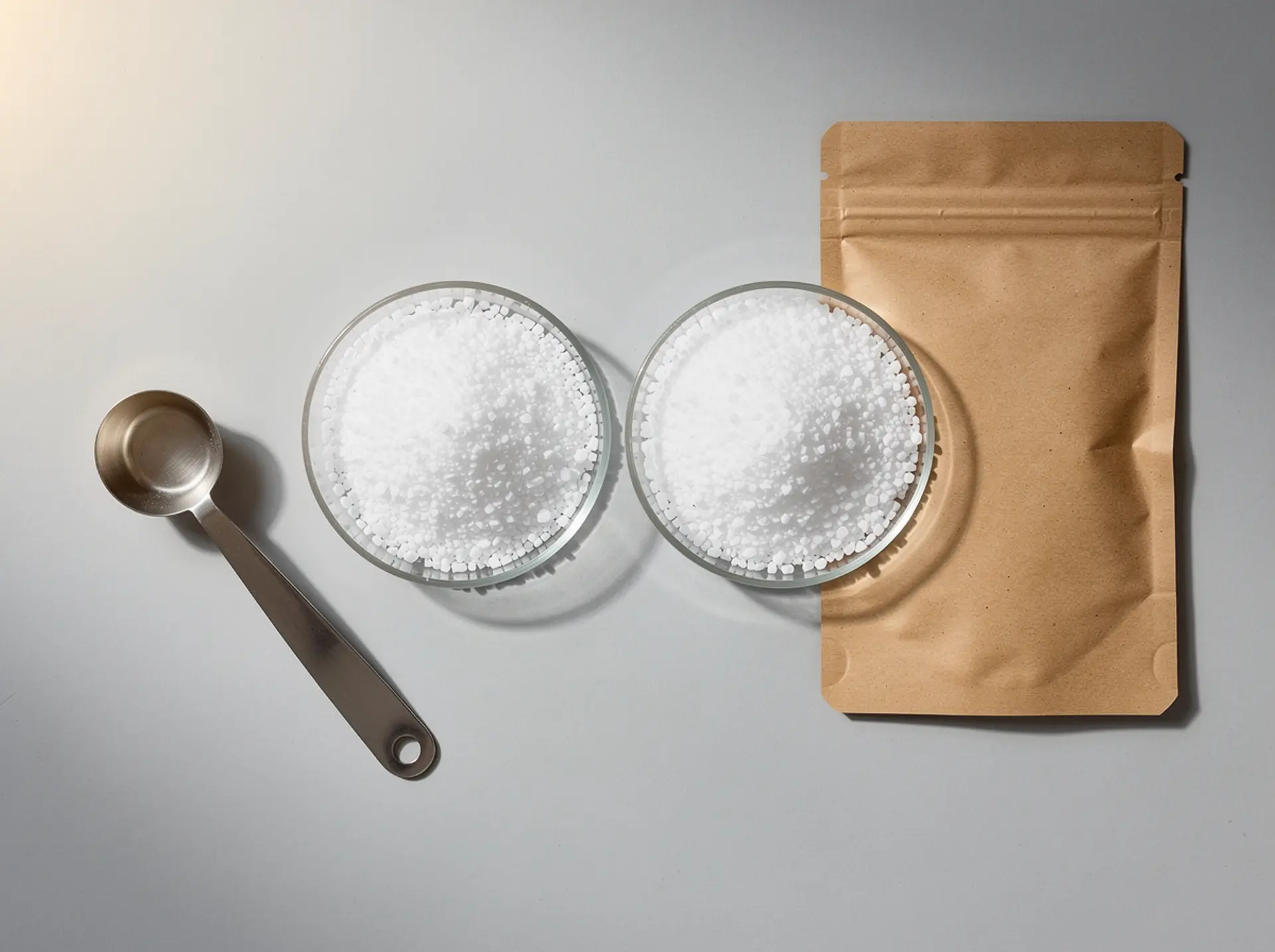 Calcium granulate in glass petri dishes with a sampling scoop