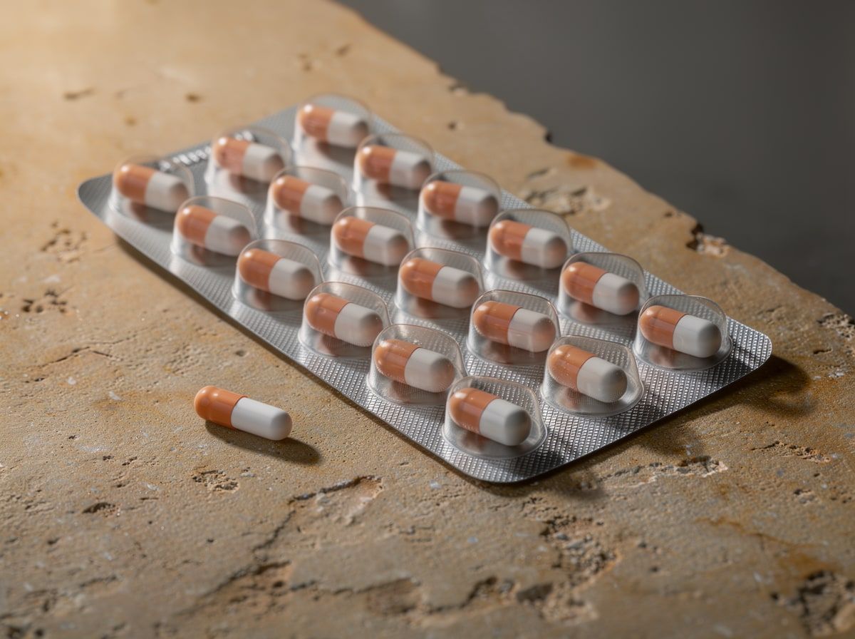 Blister card of two-coloured hard capsules on sand-coloured stone, one capsule pushed out beside it