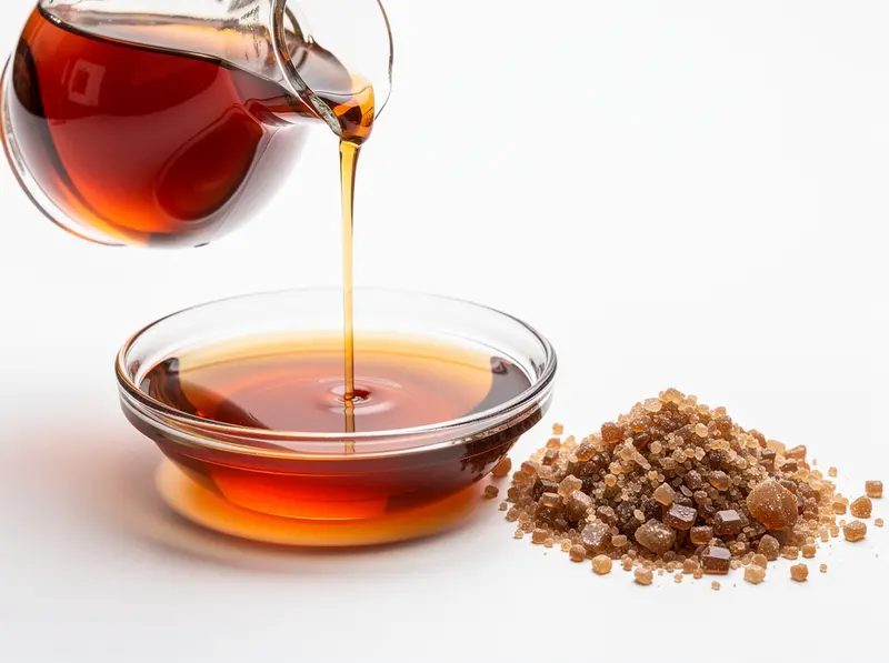 Maple syrup pouring from a glass jug beside a heap of coconut blossom sugar