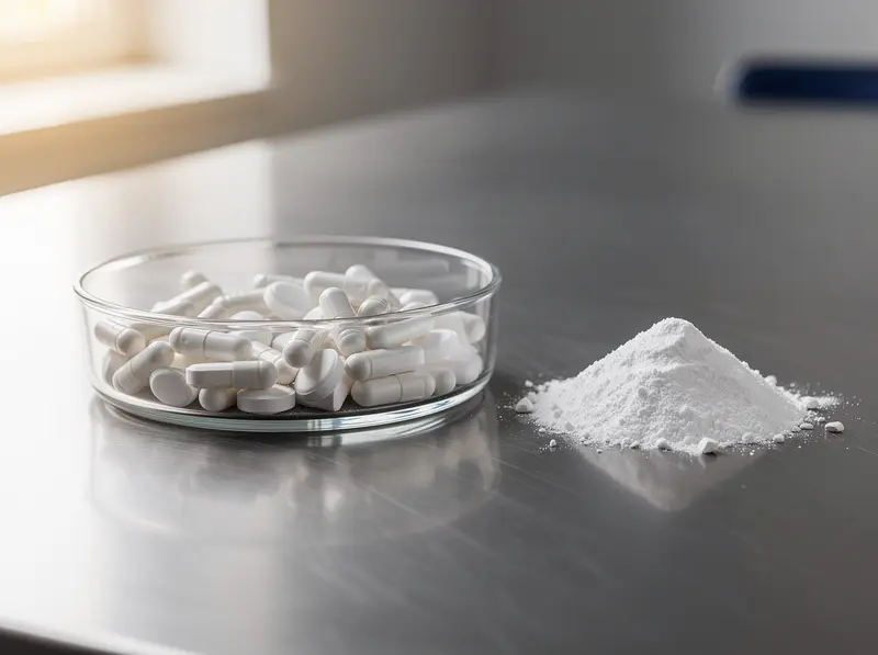Mineral tablets and capsules in a glass dish
