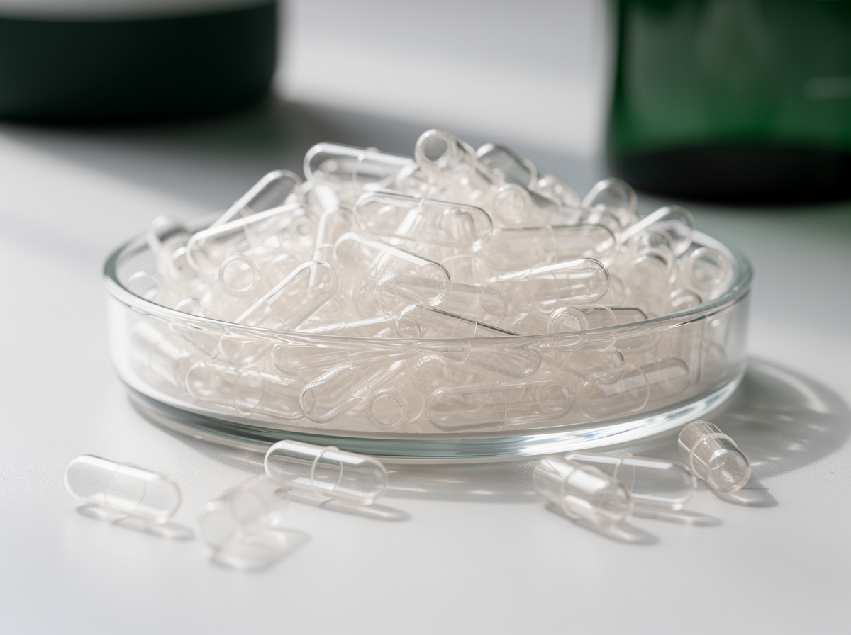 Empty crystal-clear two-piece natural pullulan hard capsules heaped in a shallow glass dish in daylight