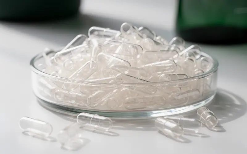 Empty crystal-clear two-piece natural pullulan hard capsules heaped in a shallow glass dish in daylight