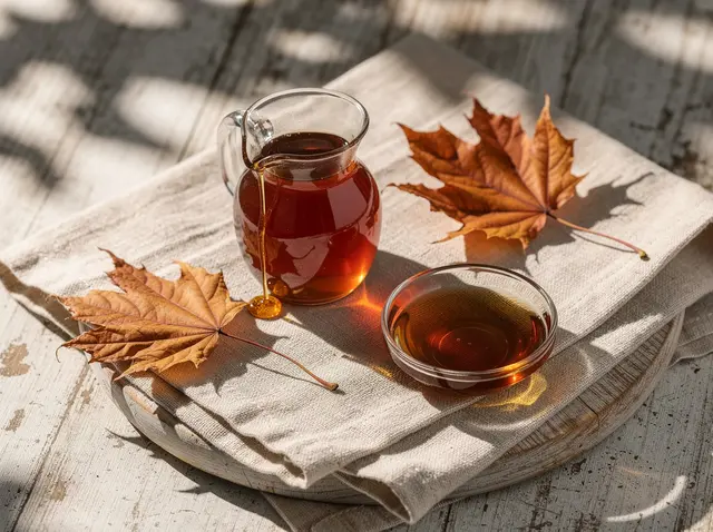 Maple syrup in a glass jug and dish with dried maple leaves