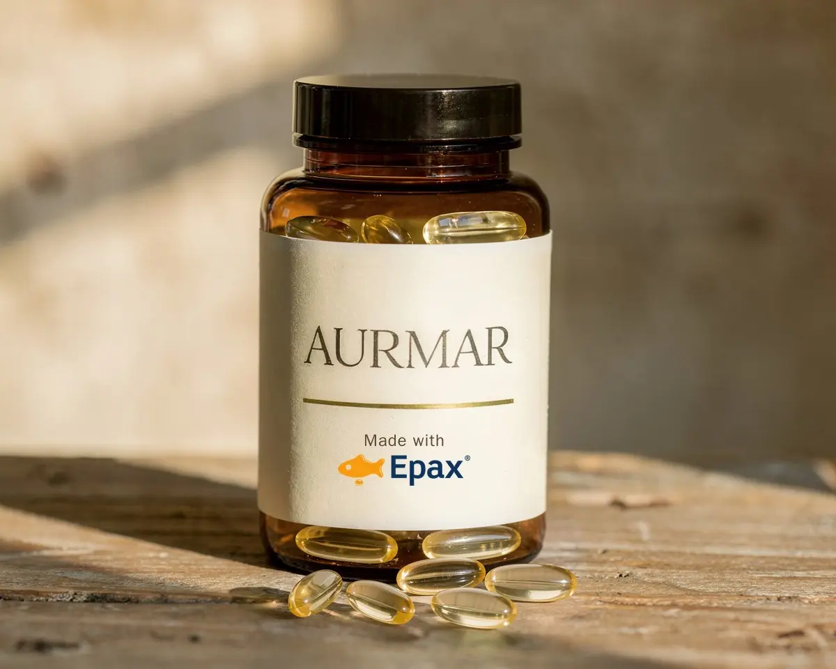 An AURMAR jar labelled Made with Epax, with pale yellow oblong softgels on a wooden table