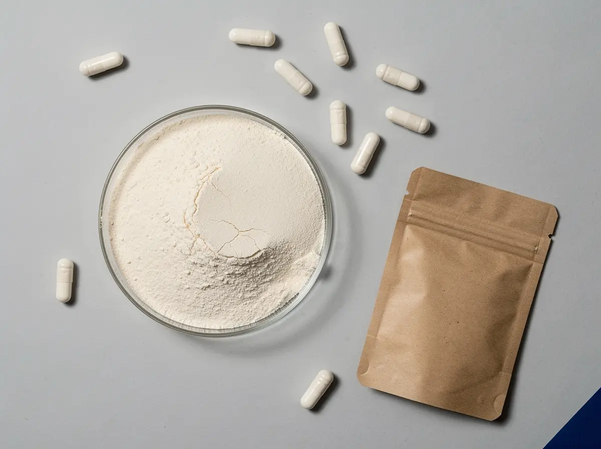 Probiotic powder and capsules in laboratory presentation