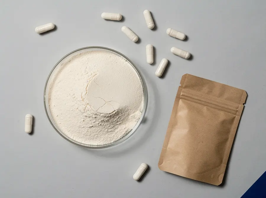Probiotic powder and capsules in laboratory presentation