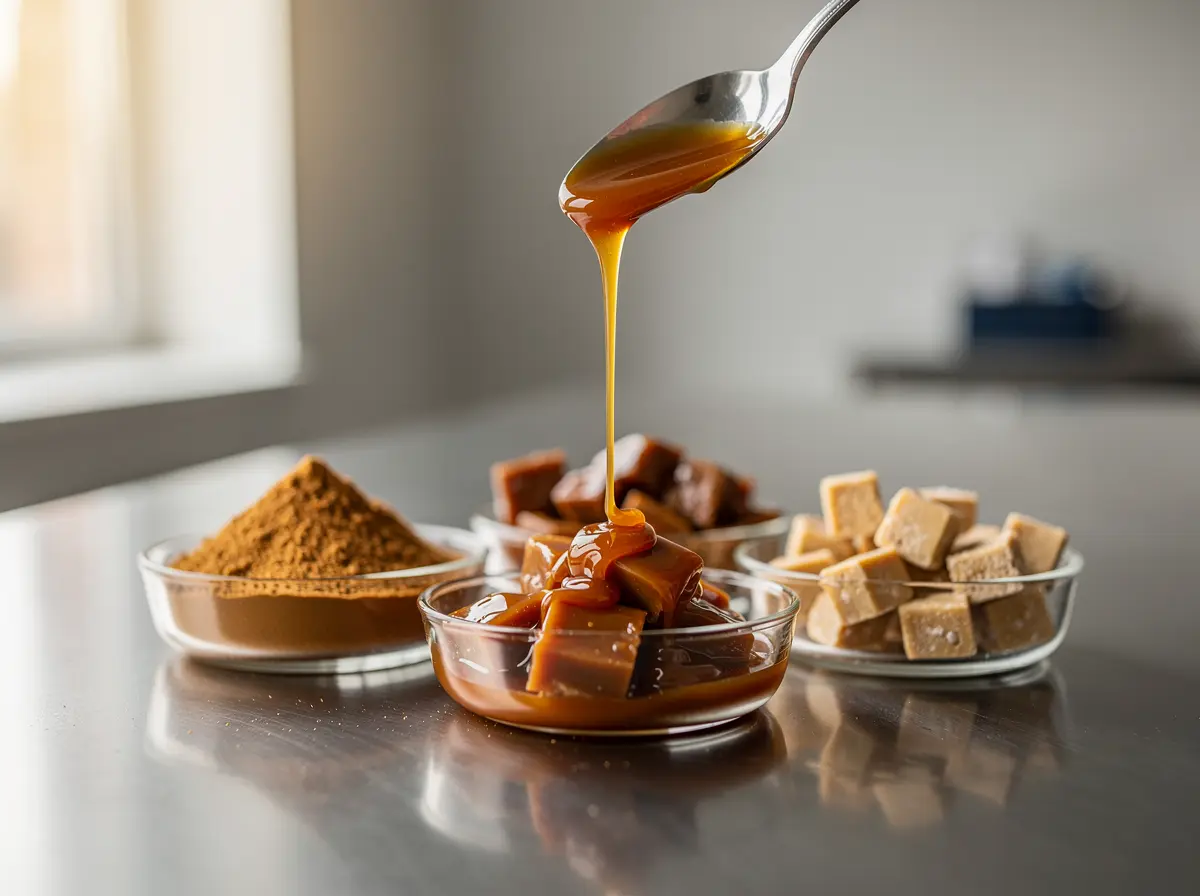 Caramel syrup, toffee pieces and nougat chips