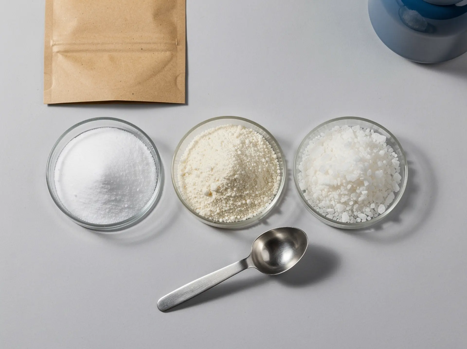 Vitamin C powder and granulates in three glass petri dishes with a sampling scoop