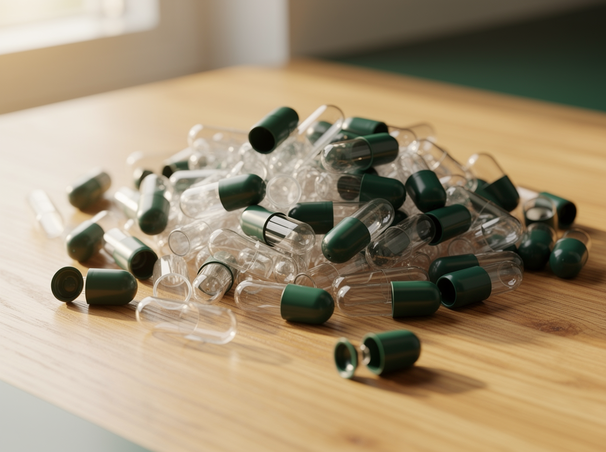 Empty two-piece bovine gelatine hard capsules with dark green caps, some separated to show hollow caps and bodies