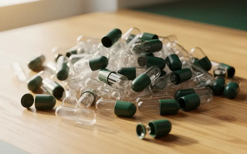 Empty two-piece bovine gelatine hard capsules with dark green caps, some separated to show hollow caps and bodies