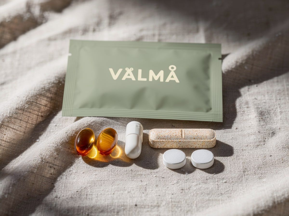 Sage-green VÄLMÅ foil sachet on natural linen with its daily dose of softgels, a capsule and tablets laid out in front